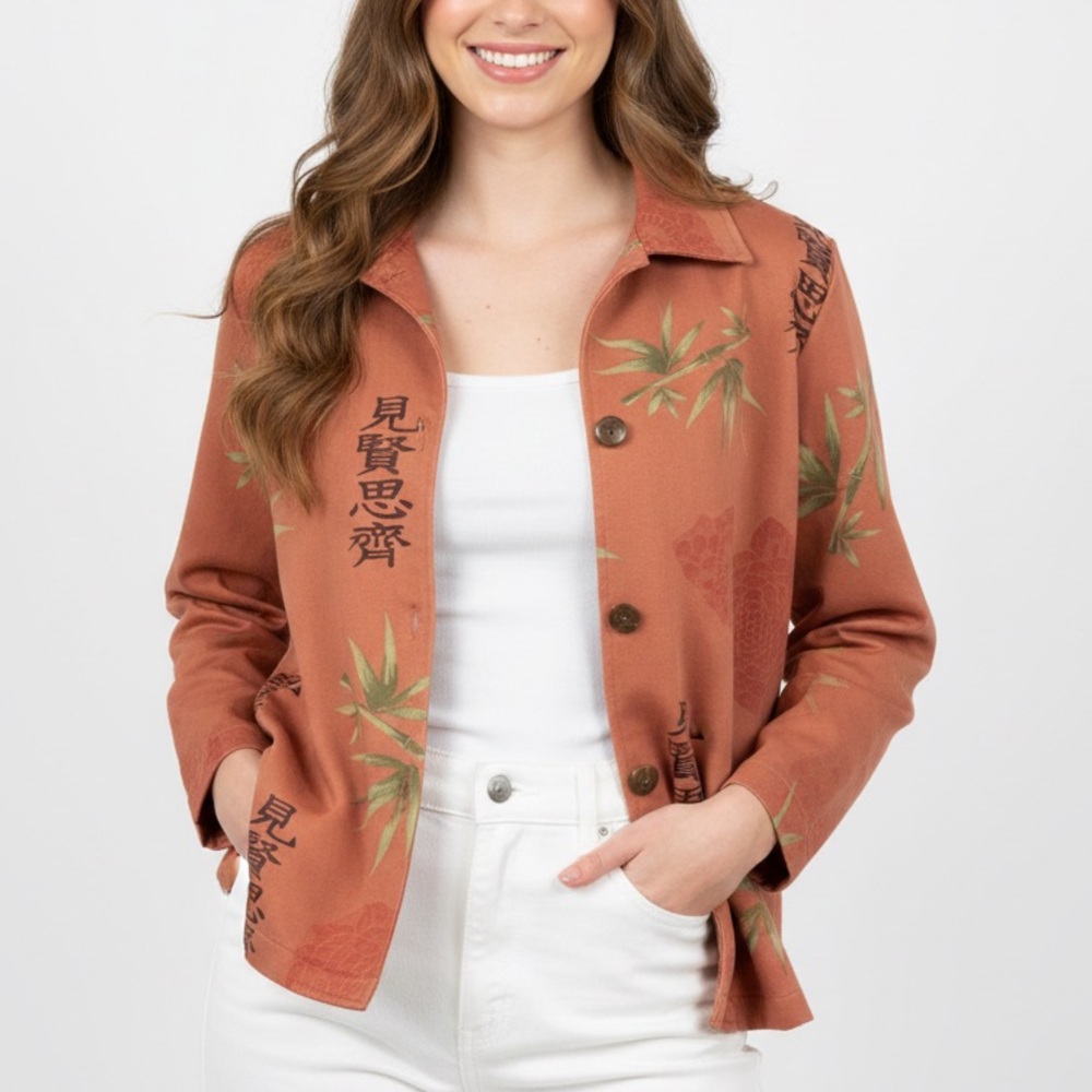 Norm Thompson Womens Orange Chinese Bamboo Print Button Up Jacket Size Large